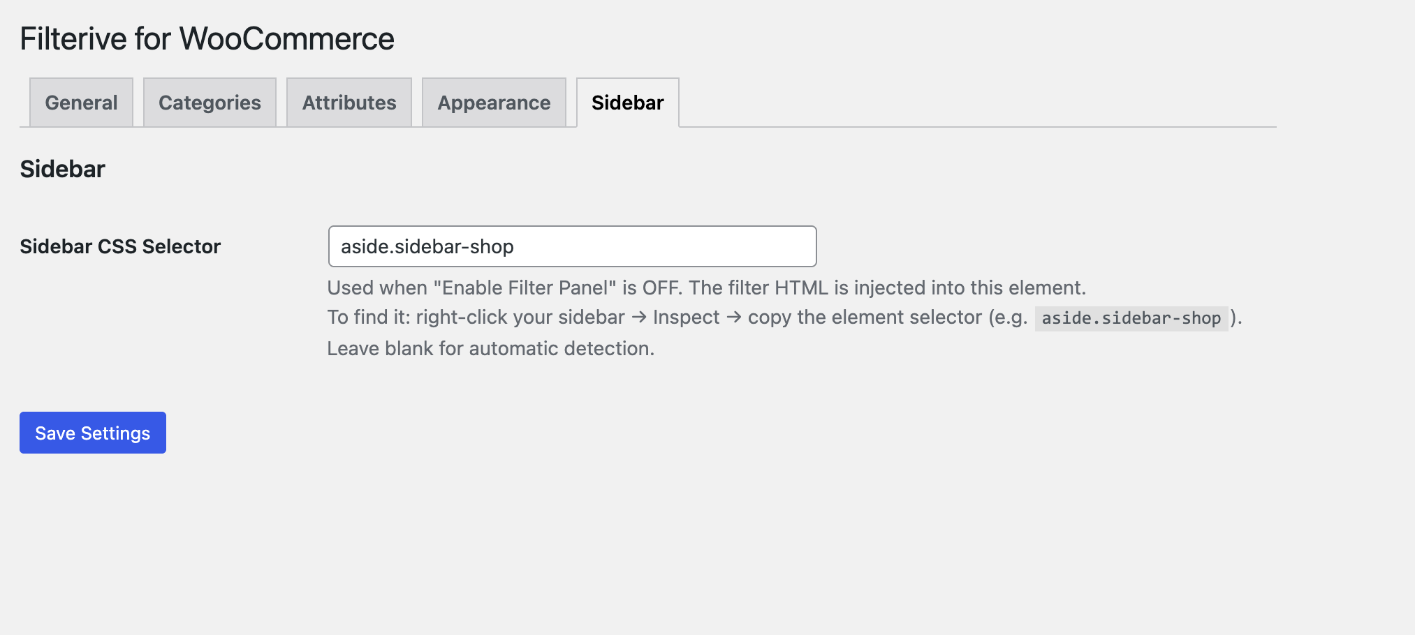 Settings — Sidebar tab (CSS selector for inline mode).