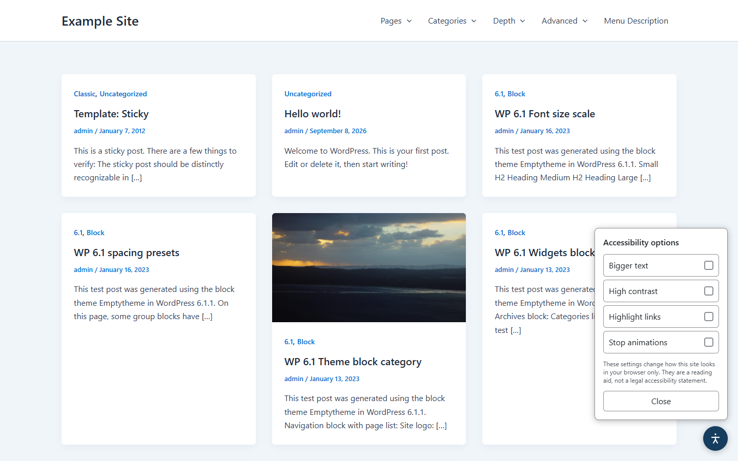 The visitor widget on a live site: bigger text, high contrast, highlighted links and stopped animations in one panel.