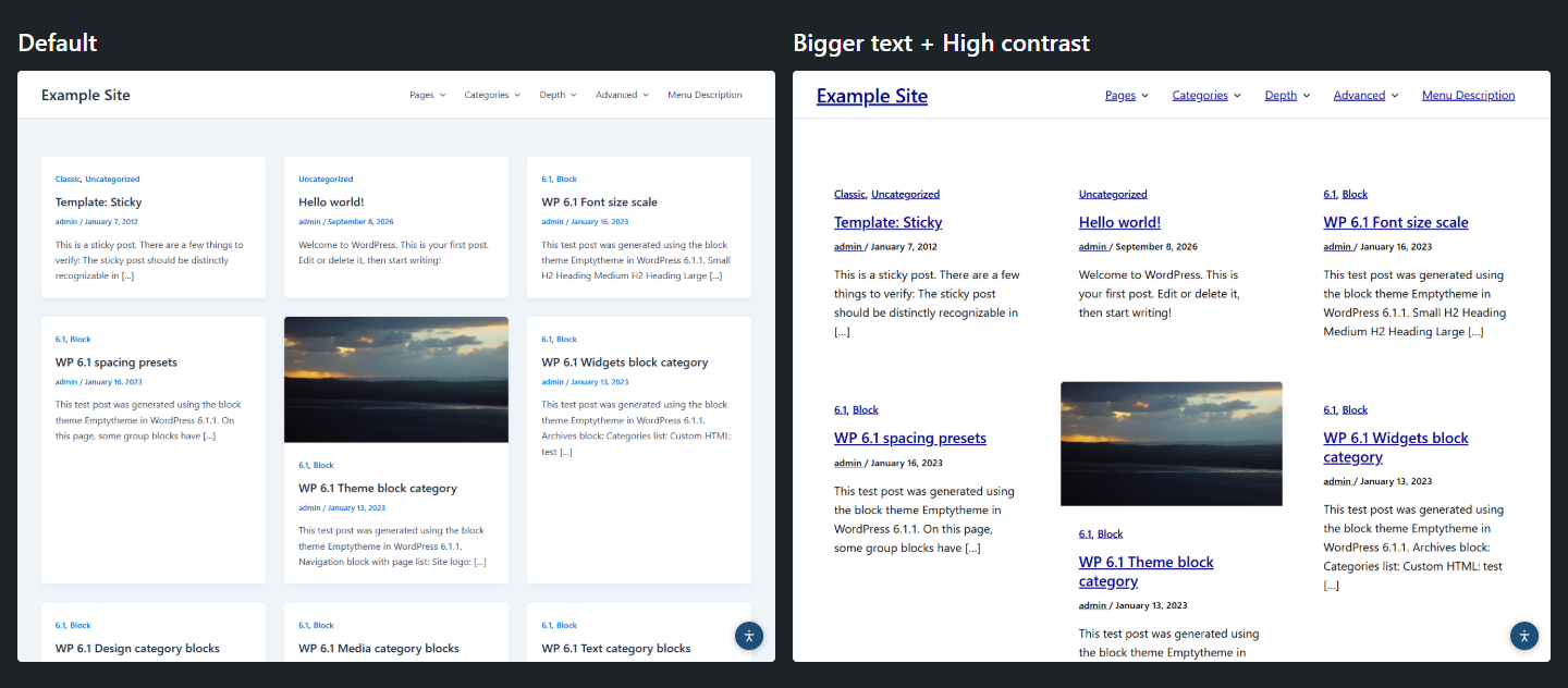 The same page with Bigger text and High contrast turned on. The choice is remembered in the visitor's browser only.