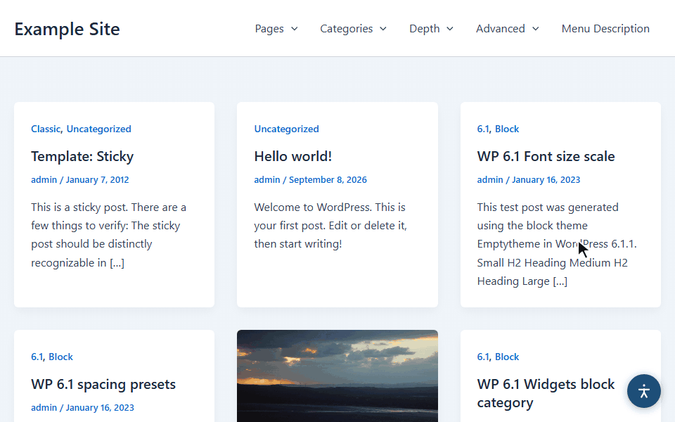 A visitor opens the widget and turns on Bigger text, then High contrast.
