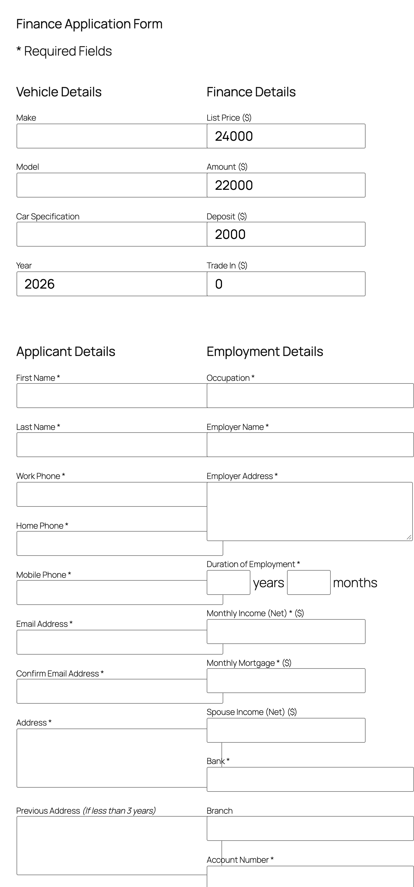 The finance application form shown after the calculation.