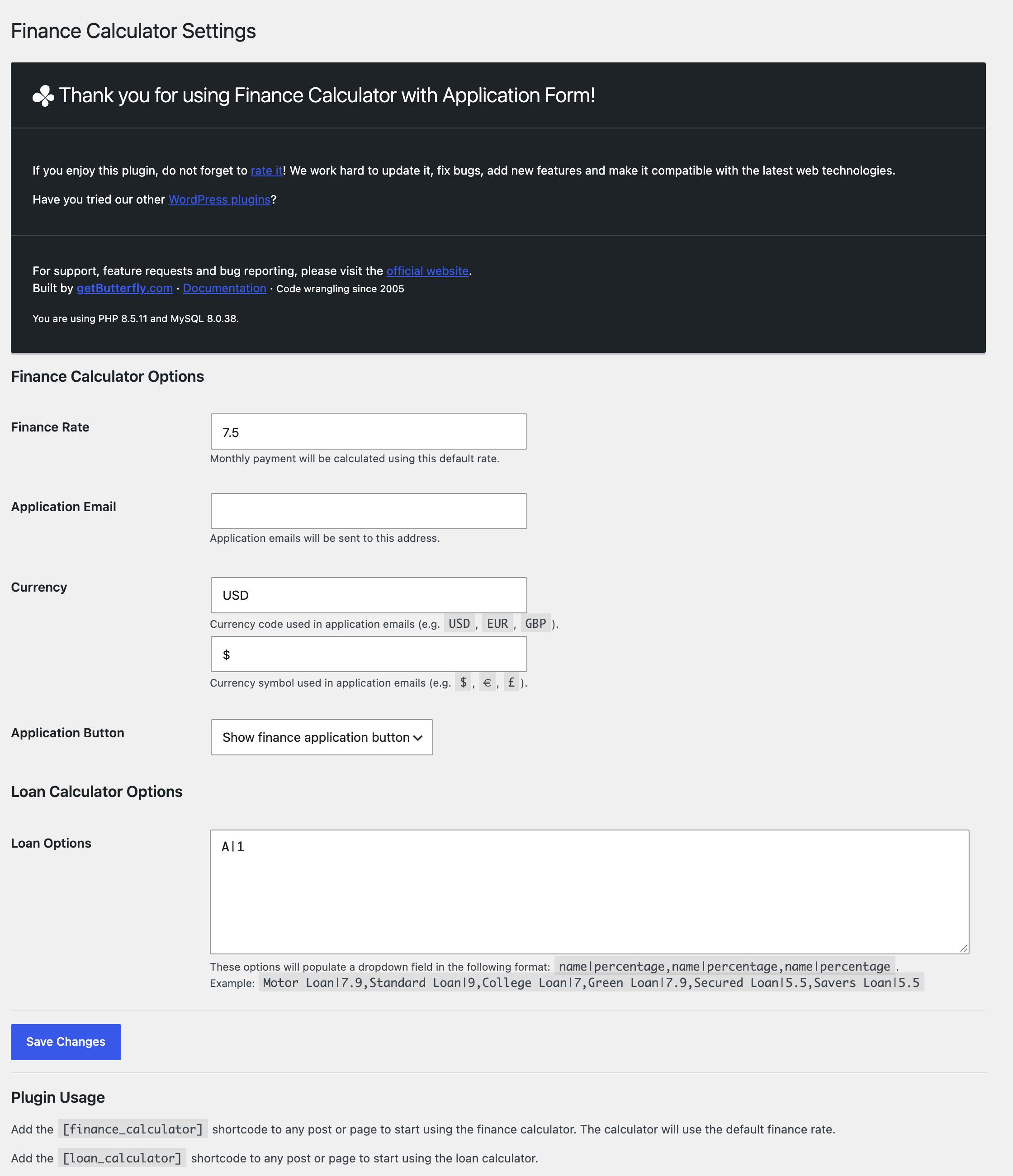 The settings page: finance rate, application email, currency and loan options.