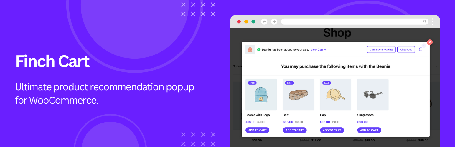 WordPress 外掛 Product Recommendations Popup For WooCommerce – Finch Cart 的封面圖片。