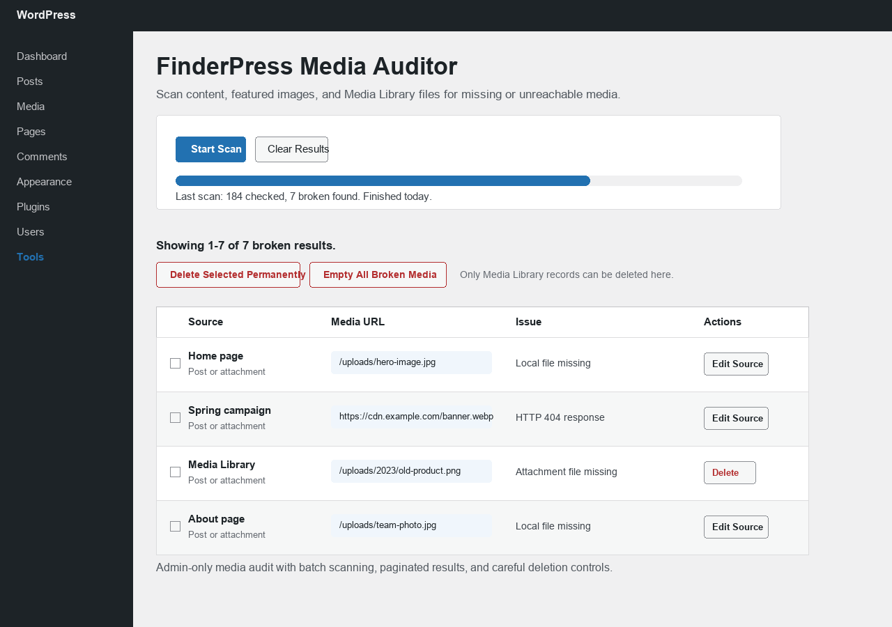 FinderPress Media Auditor scan screen with progress, issue summary, and results table.