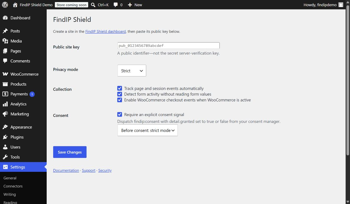 Configure the public site key, privacy mode, consent behavior, and WooCommerce events from one settings screen.