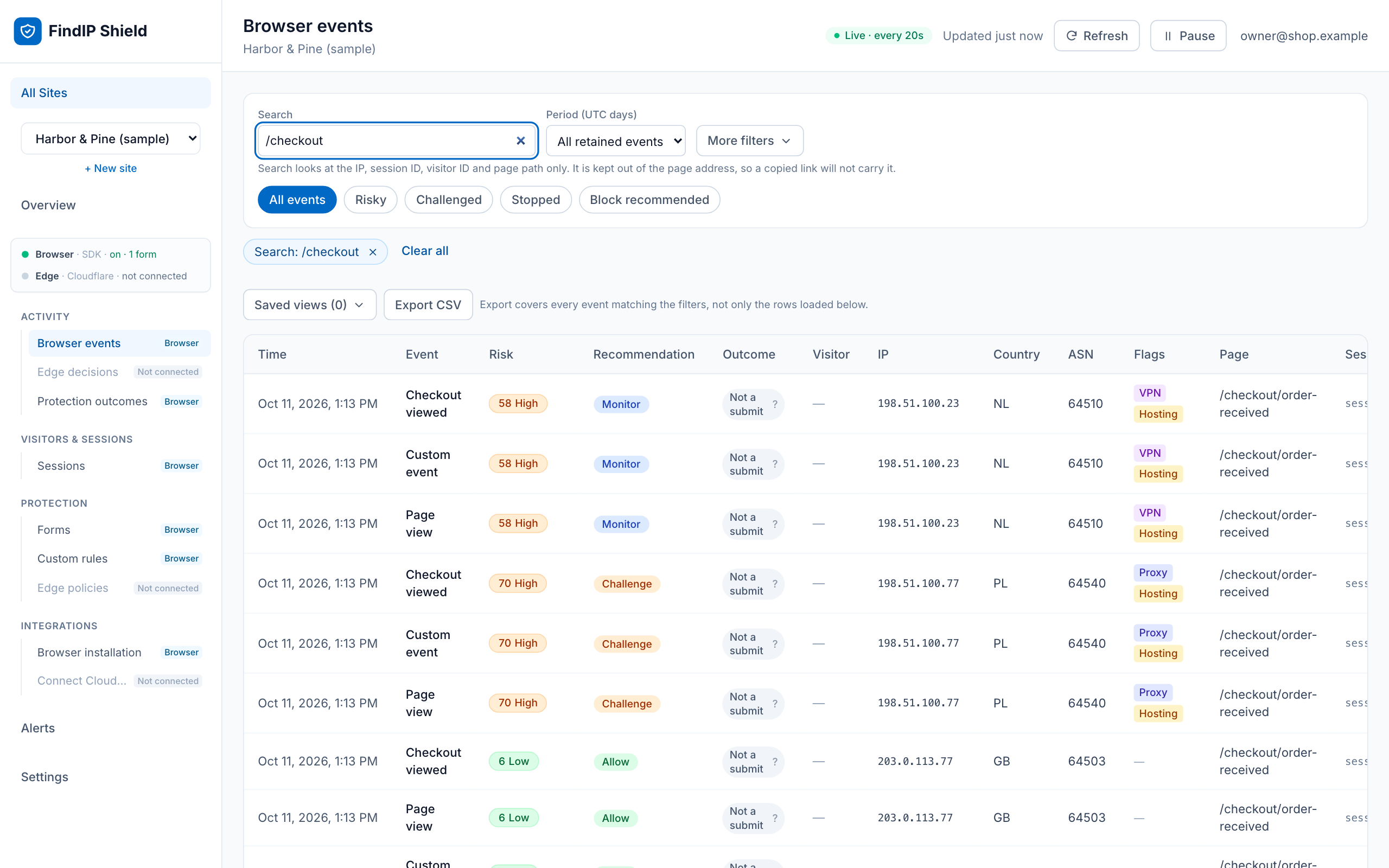 WooCommerce checkout and order events with network context.