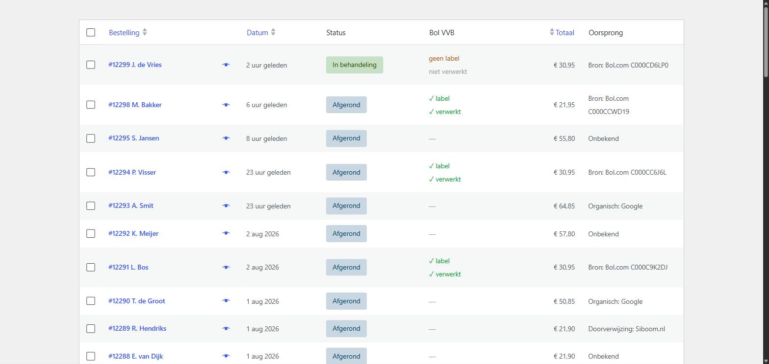 Bol.com orders arrive as regular WooCommerce orders. The "Origin" column shows which ones came from Bol.com, including the Bol order number, alongside your own orders. (The "Bol VVB" column in this screenshot comes from the separate Pro extension.)