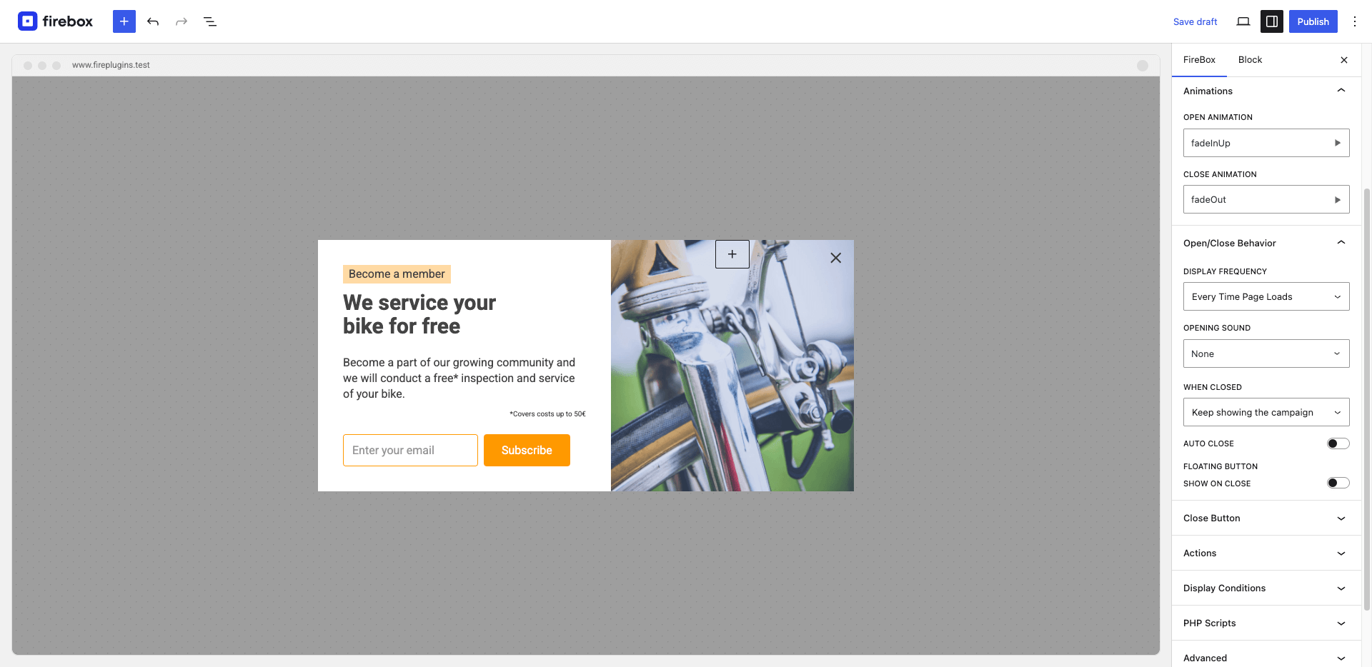 Easily customize your popup with a plethora of animation effects, opening sounds, and display frequency controls. Trigger popups with floating buttons.