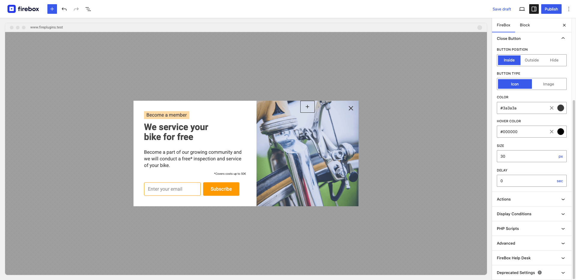 Choose the close button placement: display it inside the popup, outside the popup, or hide it.