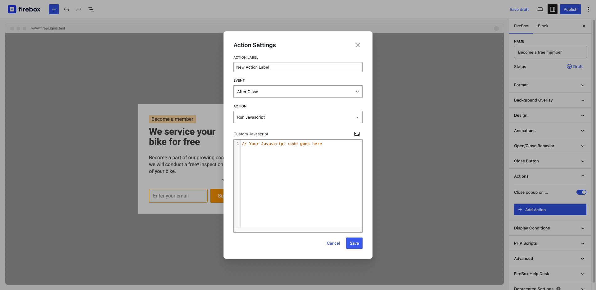 Set the actions your campaign will perform on different events (open, close, conversion, etc...).