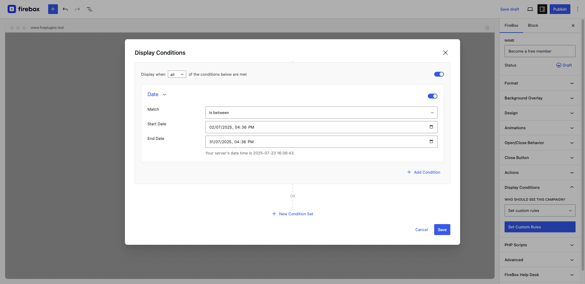 Define when your campaign will appear using display conditions, such as everywhere on your site, specific pages, or using advanced Ecommerce conditions.