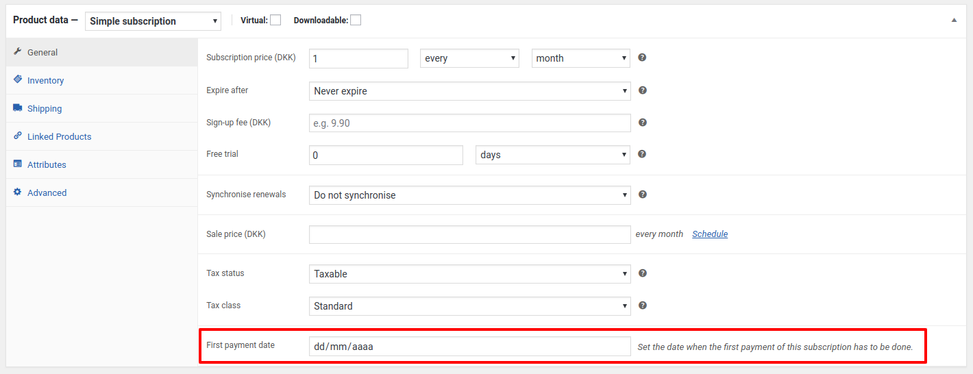 First payment date for WooCommerce Subscriptions