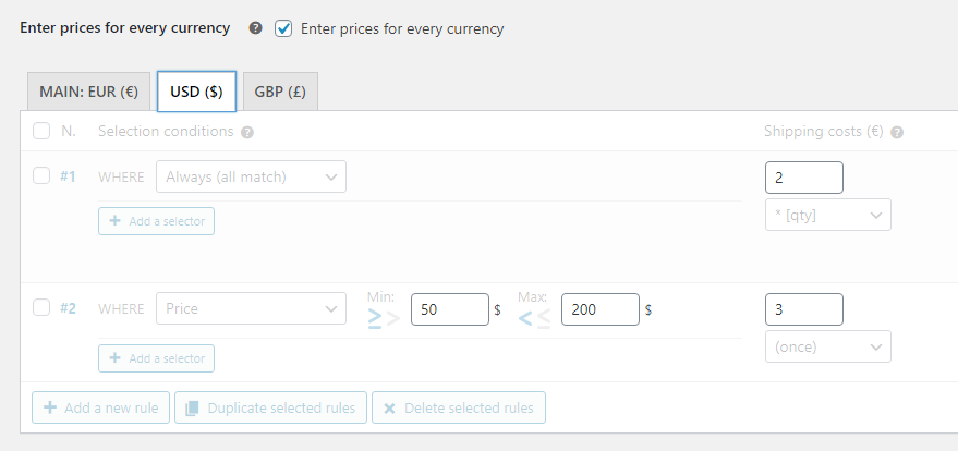 Custom shipping rates for different currencies