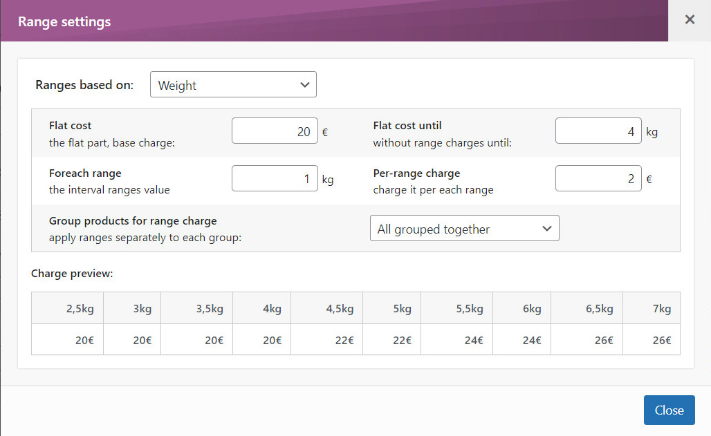 Ranges based on Price, Weight, Quantity, Volume, Volumetric or Size (Pro only)