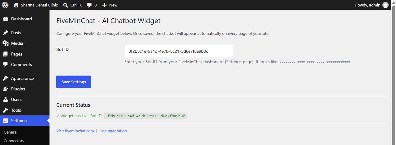 The plugin settings page under Settings > FiveMinChat - paste your Bot ID and save.