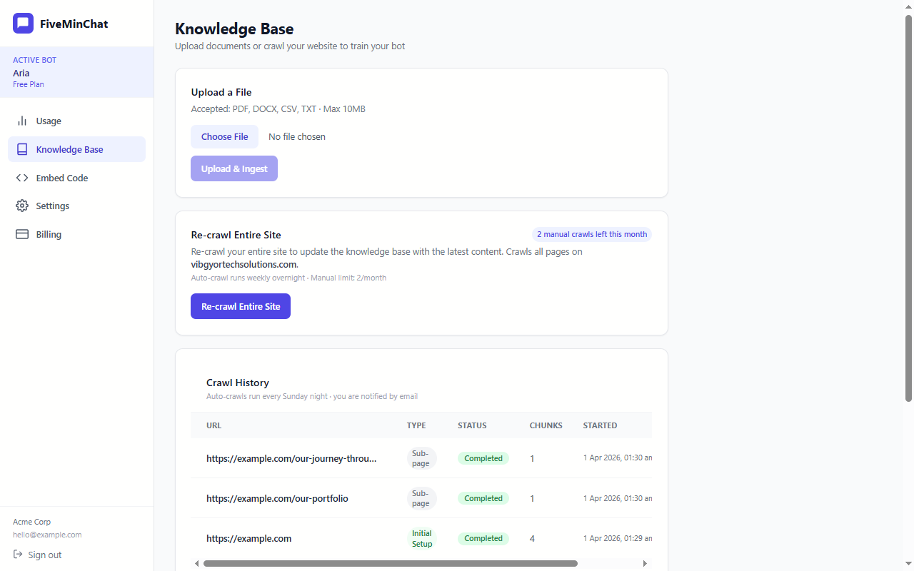 The FiveMinChat dashboard, where you train the bot by crawling your website or uploading documents.
