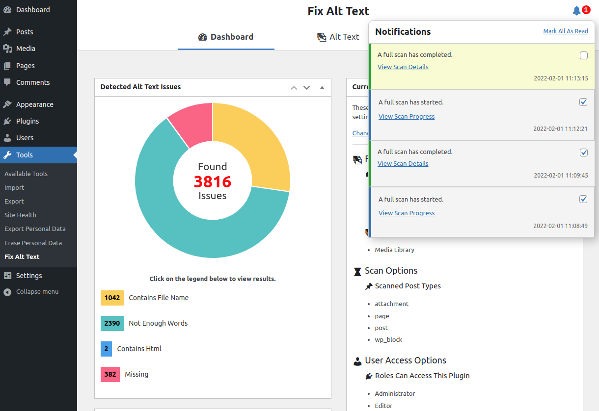 Dashboard: Scan complete. Displaying issues and notifications