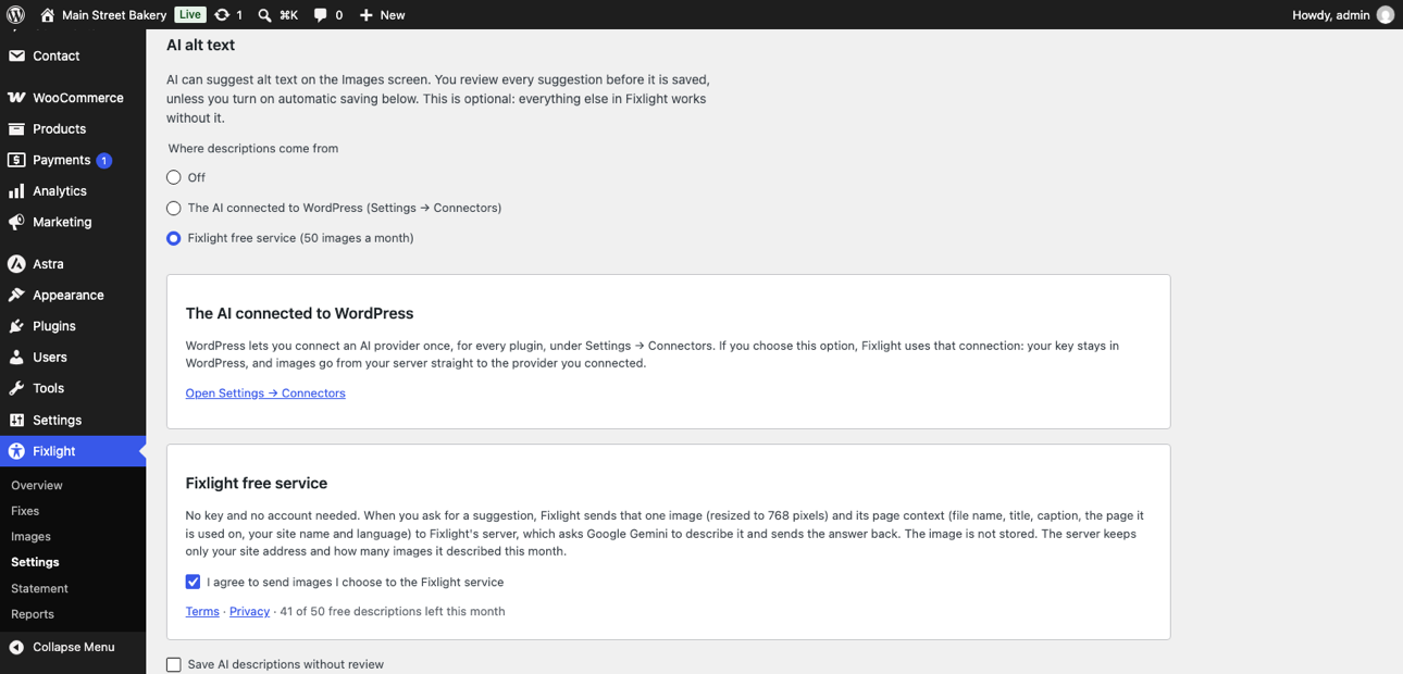 Optional AI: Fixlight's free service or the AI connected to WordPress.