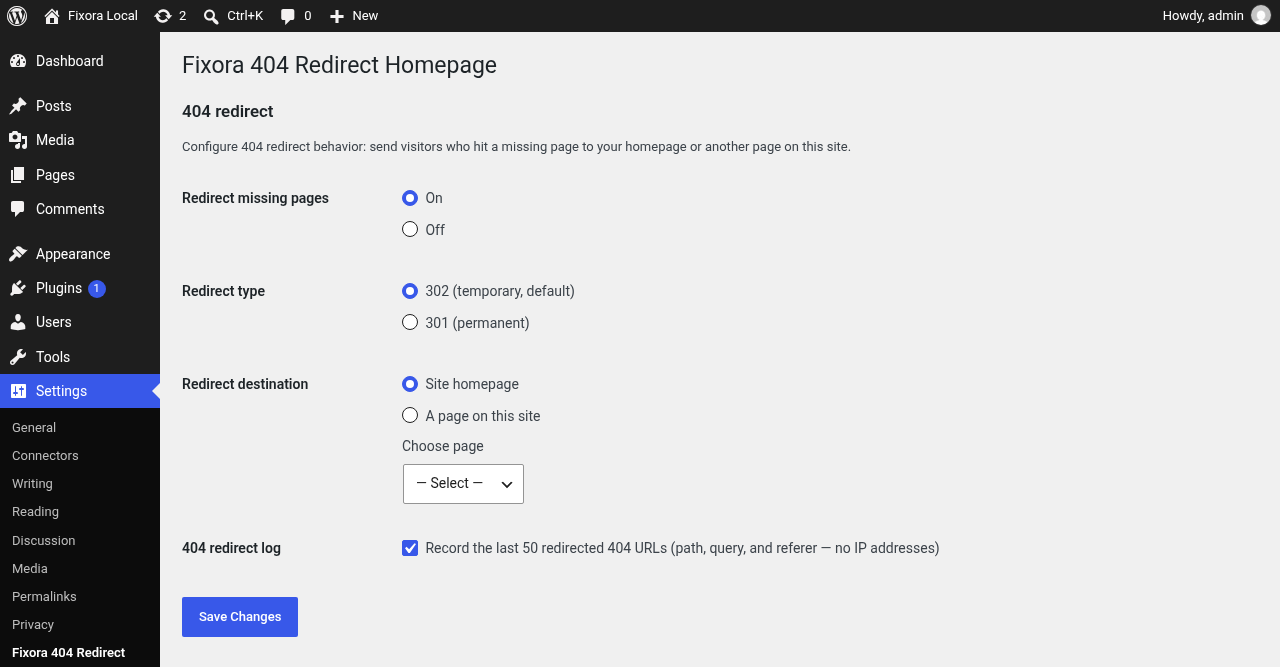 Settings page — redirect on/off, 301/302, destination, and logging options.