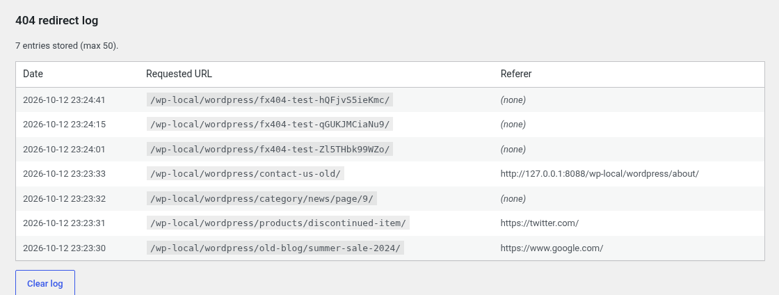 Redirect log — last redirected URLs with date, path, and referer.