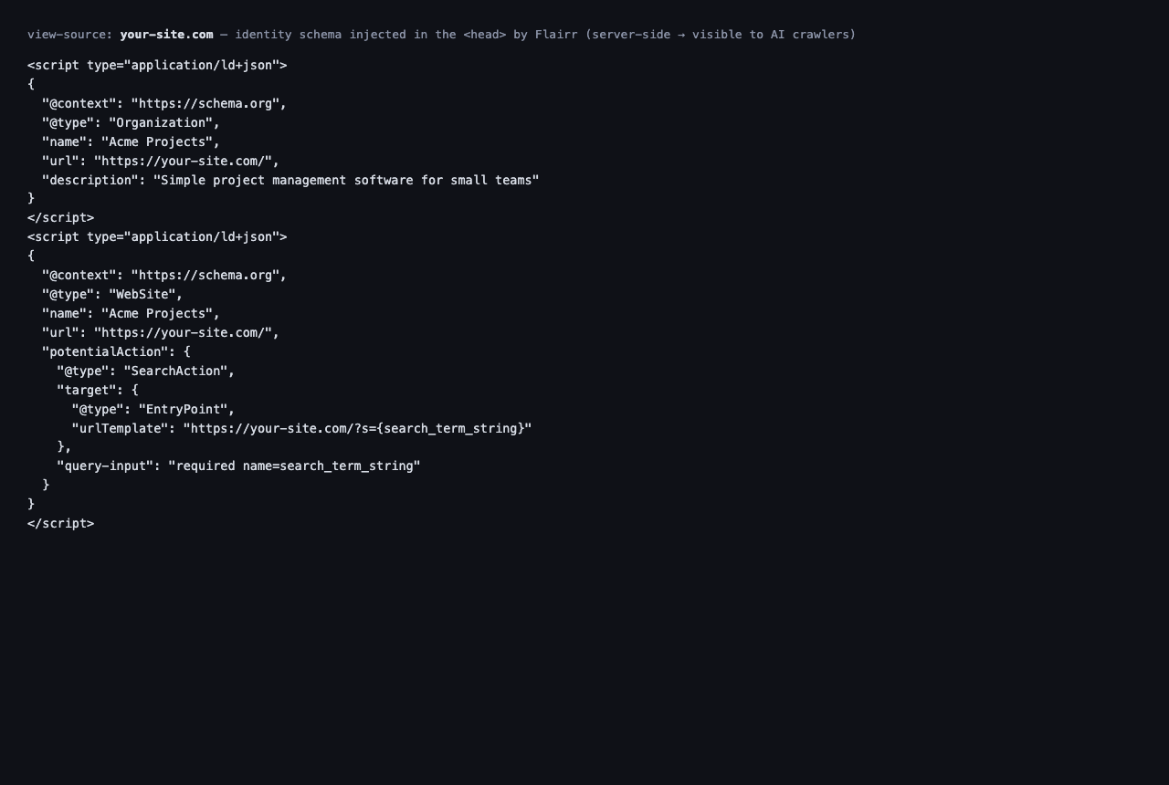The settings page: free AI signals (schema + llms.txt) active on your site.