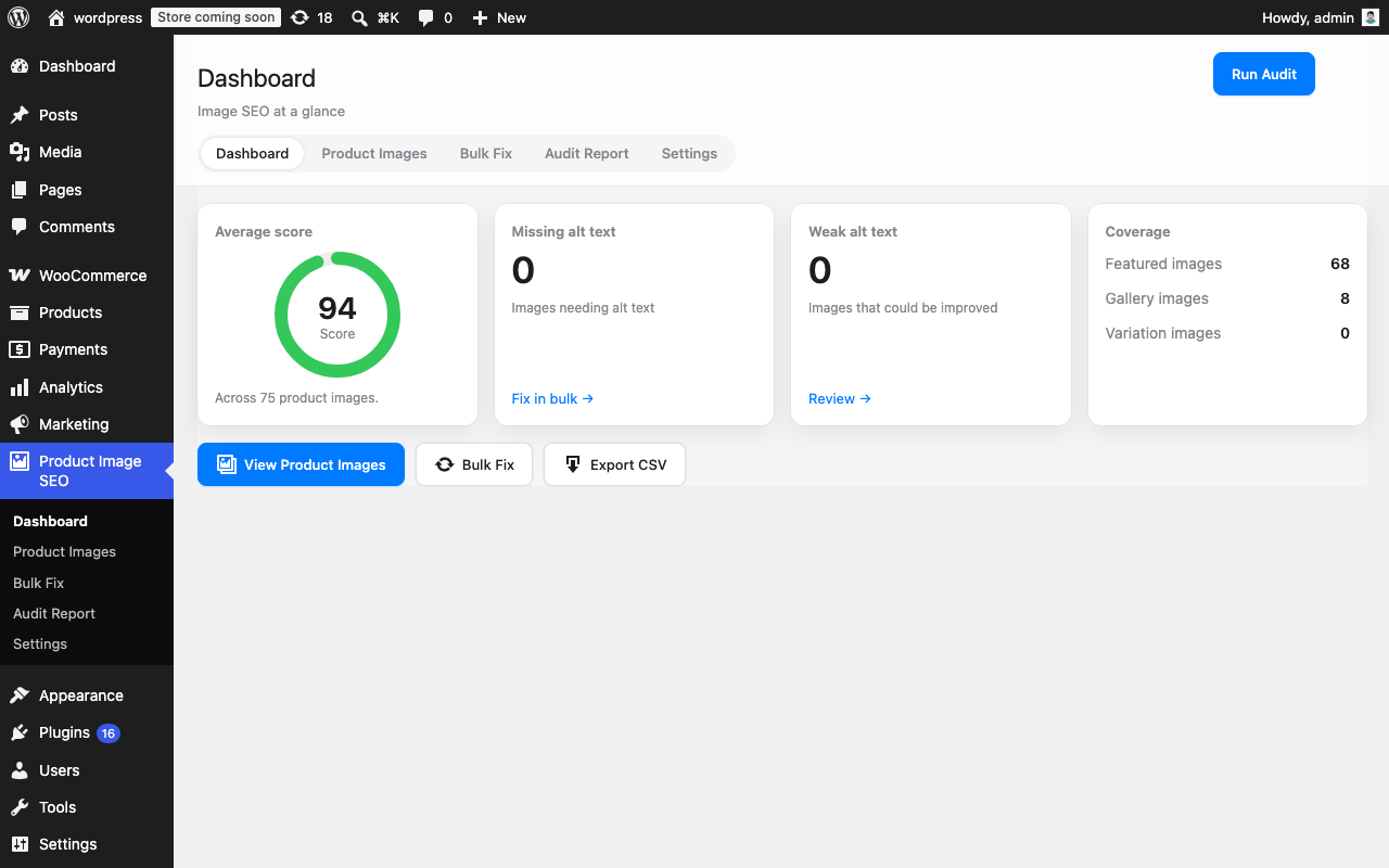 Product catalog dashboard with alt text status, SKUs, and quality scores