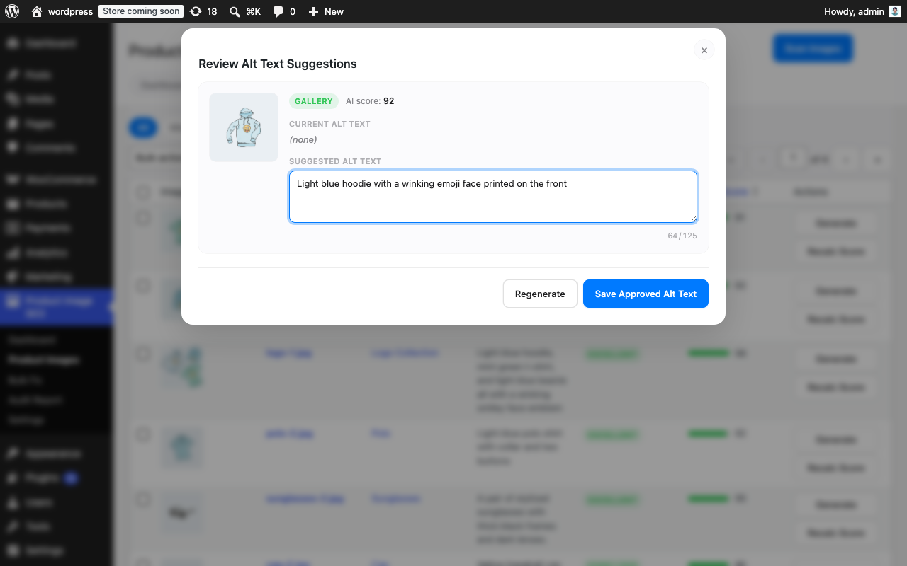 Settings page with API key and alt text style options