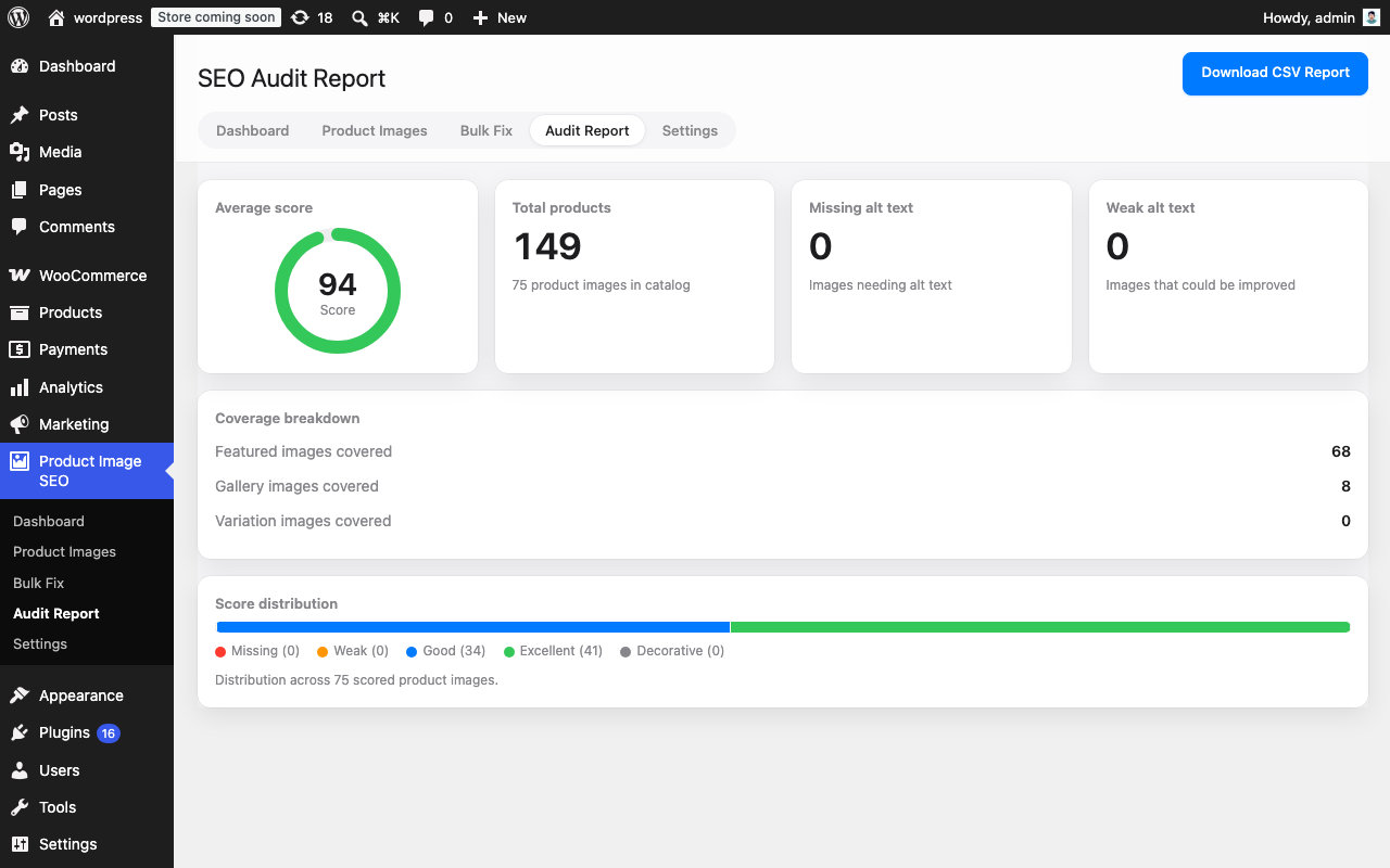 Image SEO audit report ready for CSV export