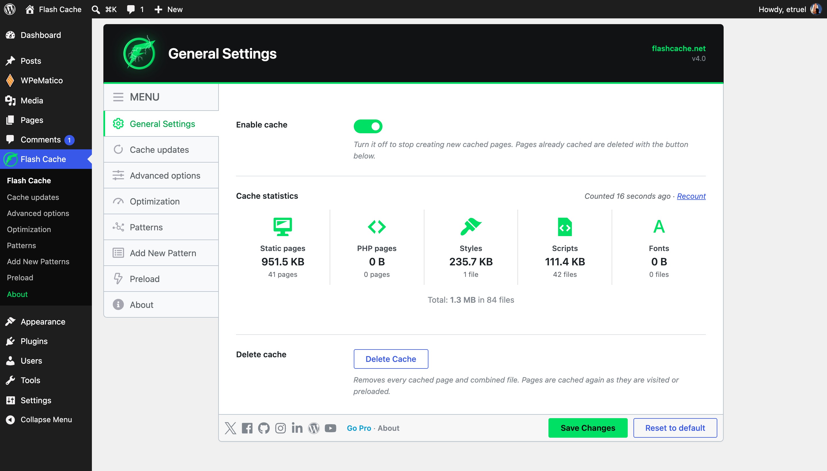 General settings: switch the cache on and see what is stored, with live statistics.