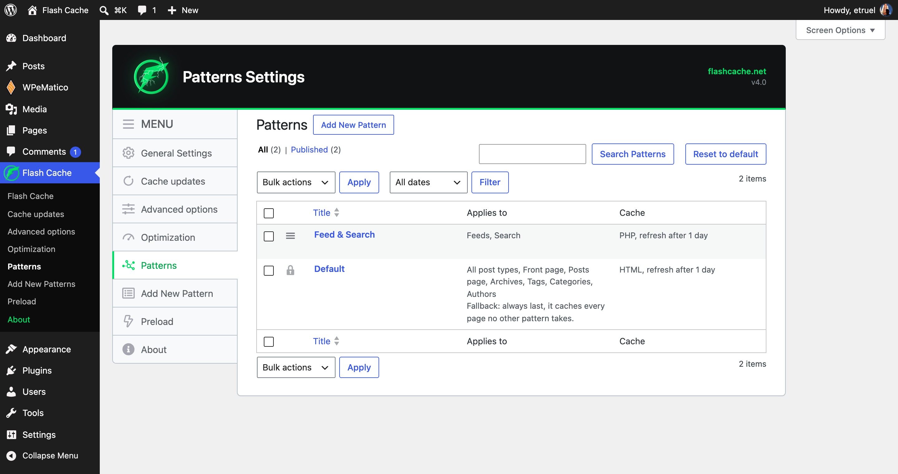 Patterns: one set of rules for each kind of page, in the order you choose.