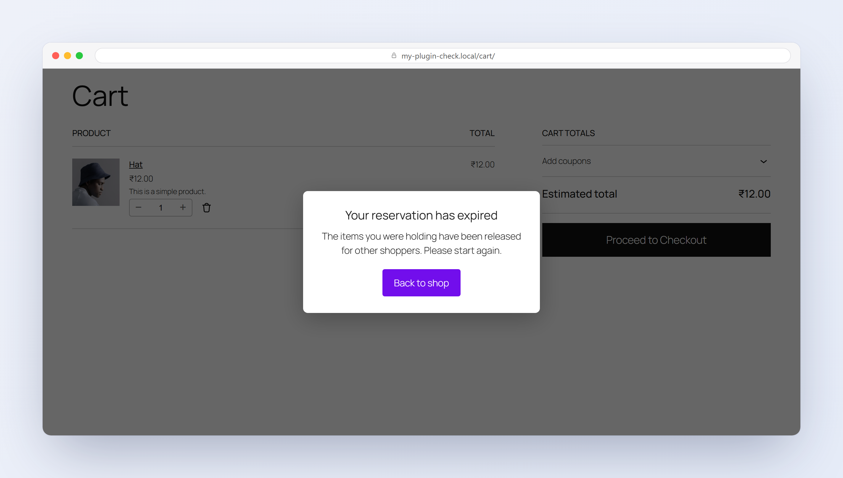 The pop-up shown on the cart or checkout page when a reservation expires.