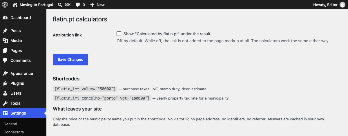 Settings → flatin.pt: the opt-in credit link (off by default), the shortcodes, and what leaves your site.
