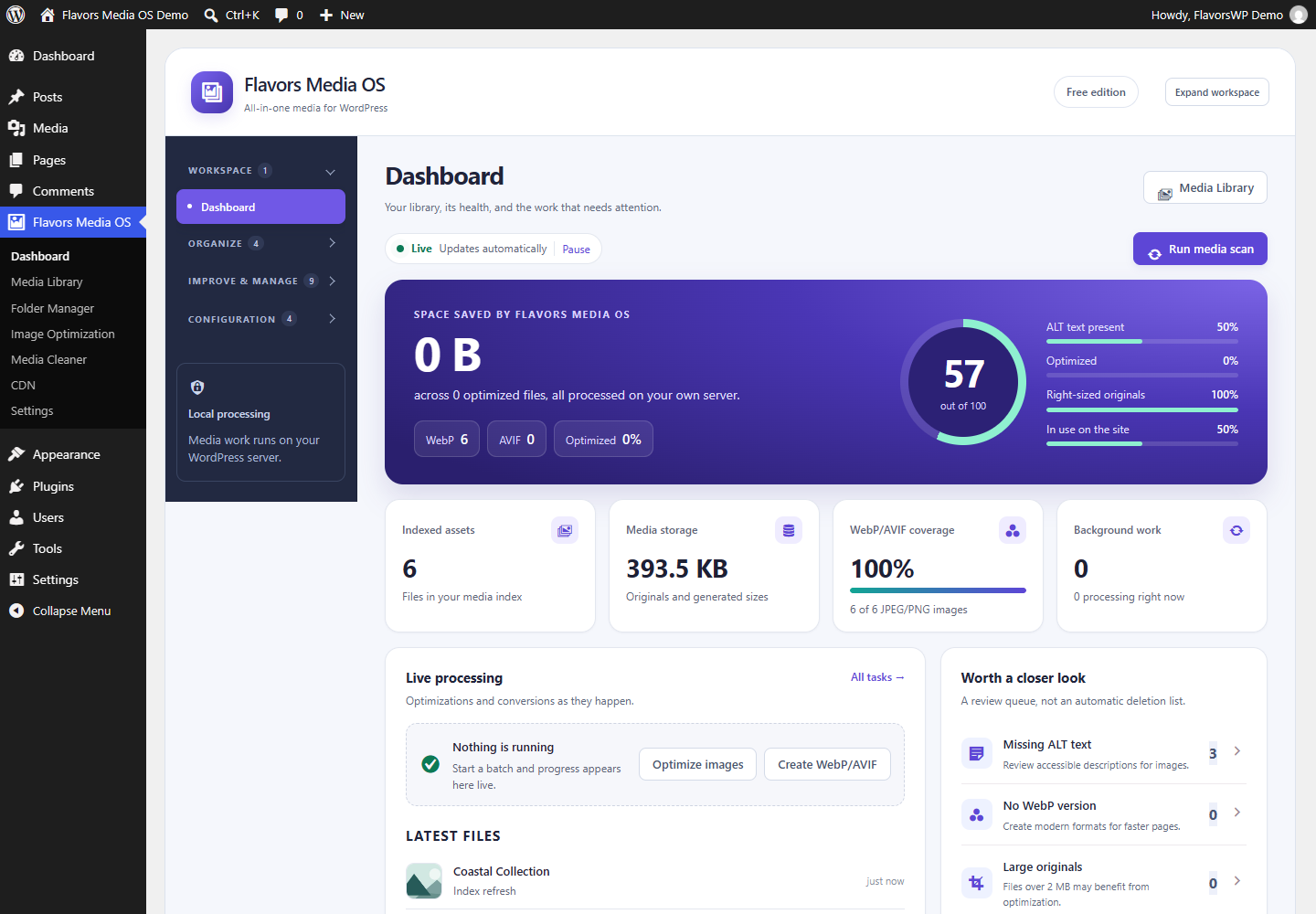 Media dashboard with storage, format coverage and optimization progress in a local demo library.