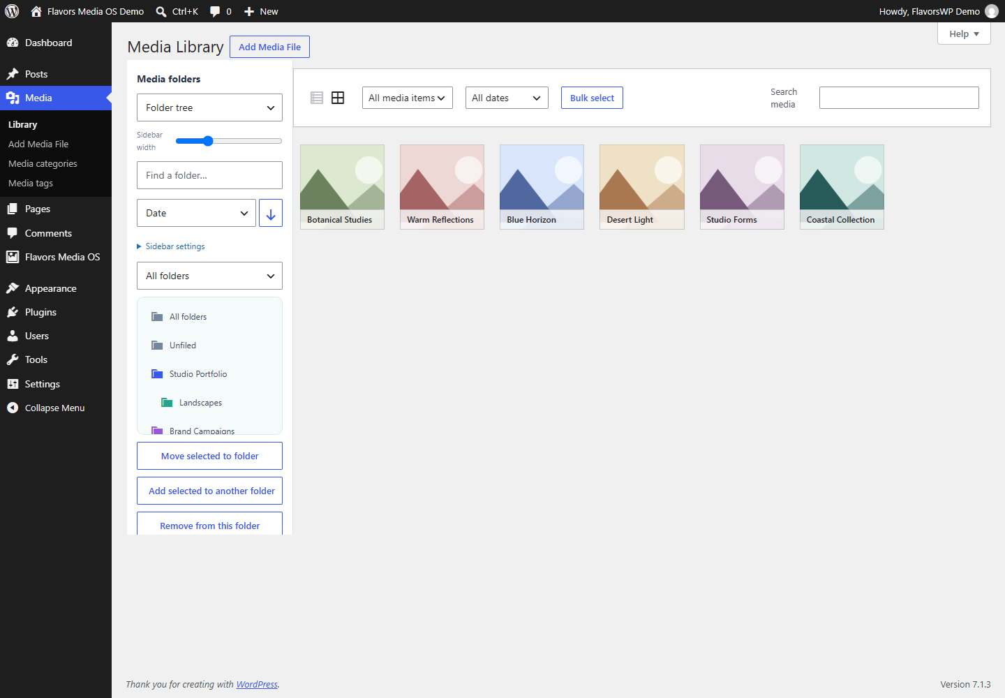 Virtual media folders in the WordPress Media Library.