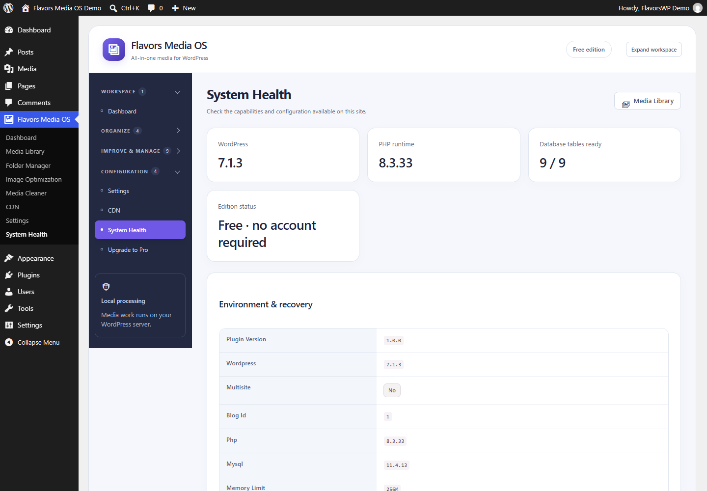 System Health with server capabilities and image-format support.