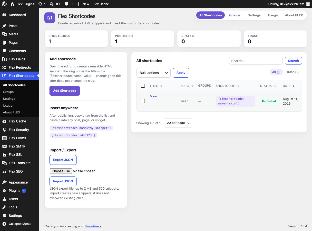 All Shortcodes — list, groups, copyable tags, import/export