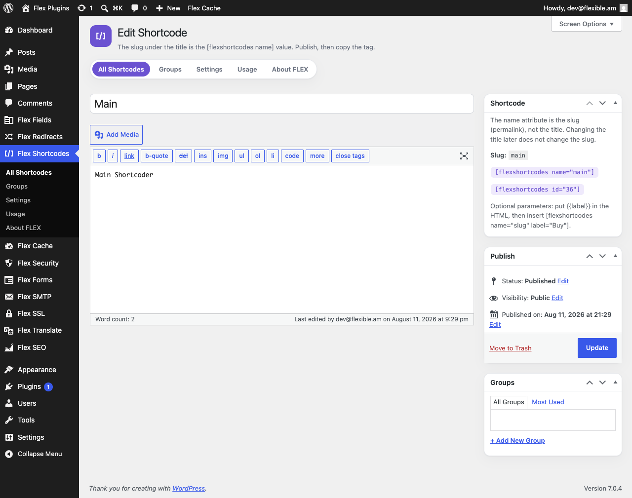 Editor — HTML code editor, Groups, and Shortcode meta box