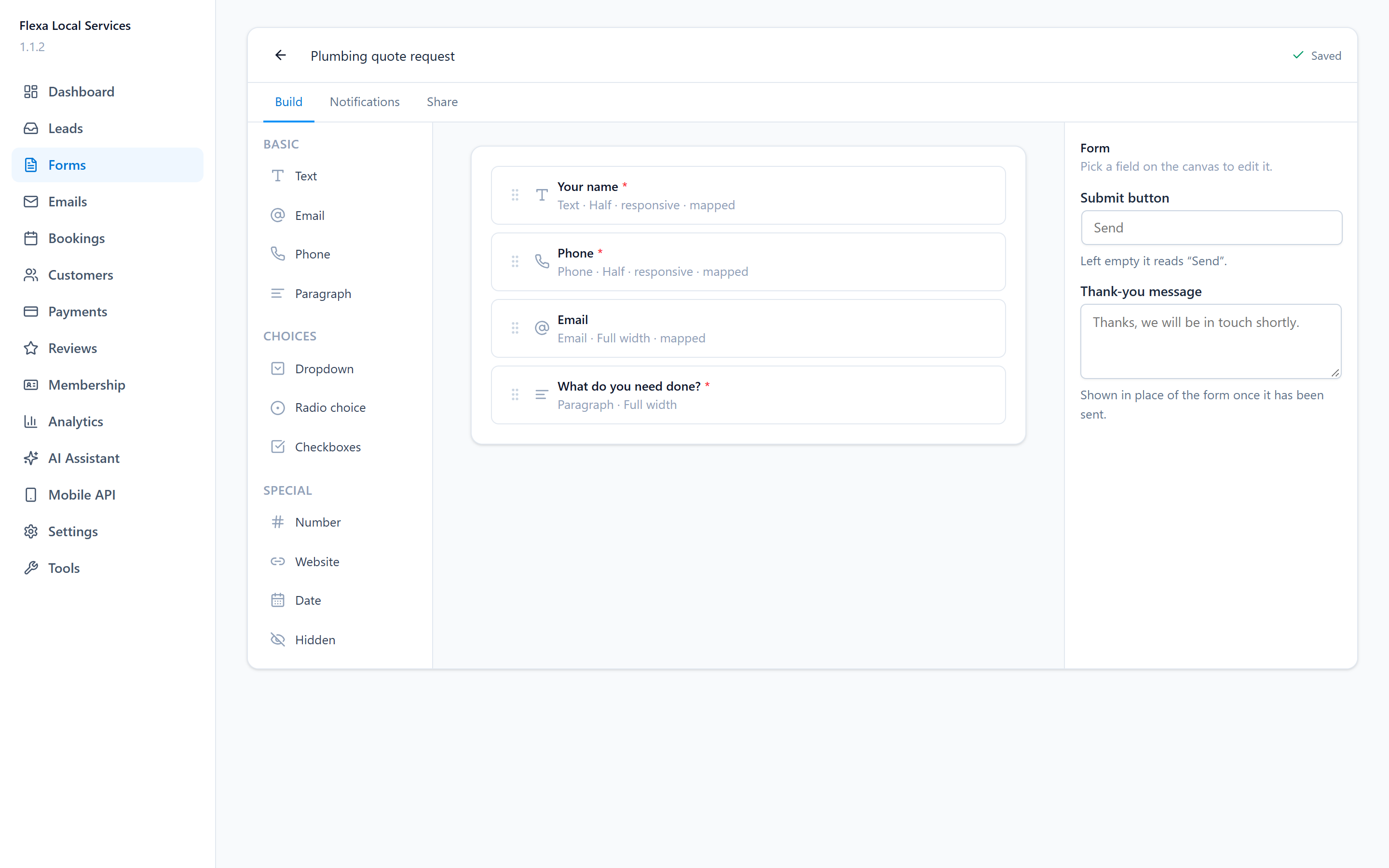 Form builder: drag fields into place and map them to the lead's name, phone and email.