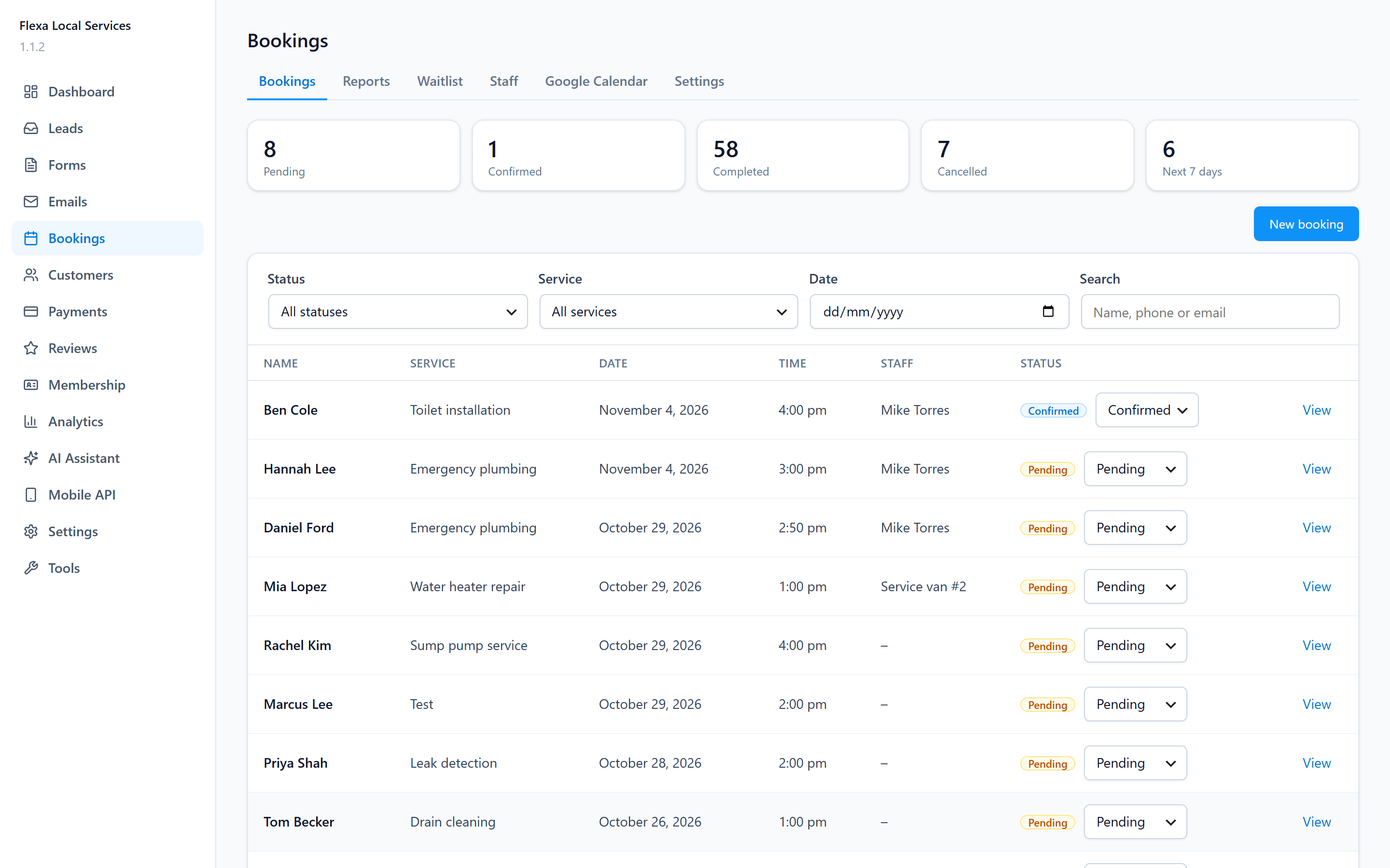 Bookings: online appointments with status, staff and filters by service and date.