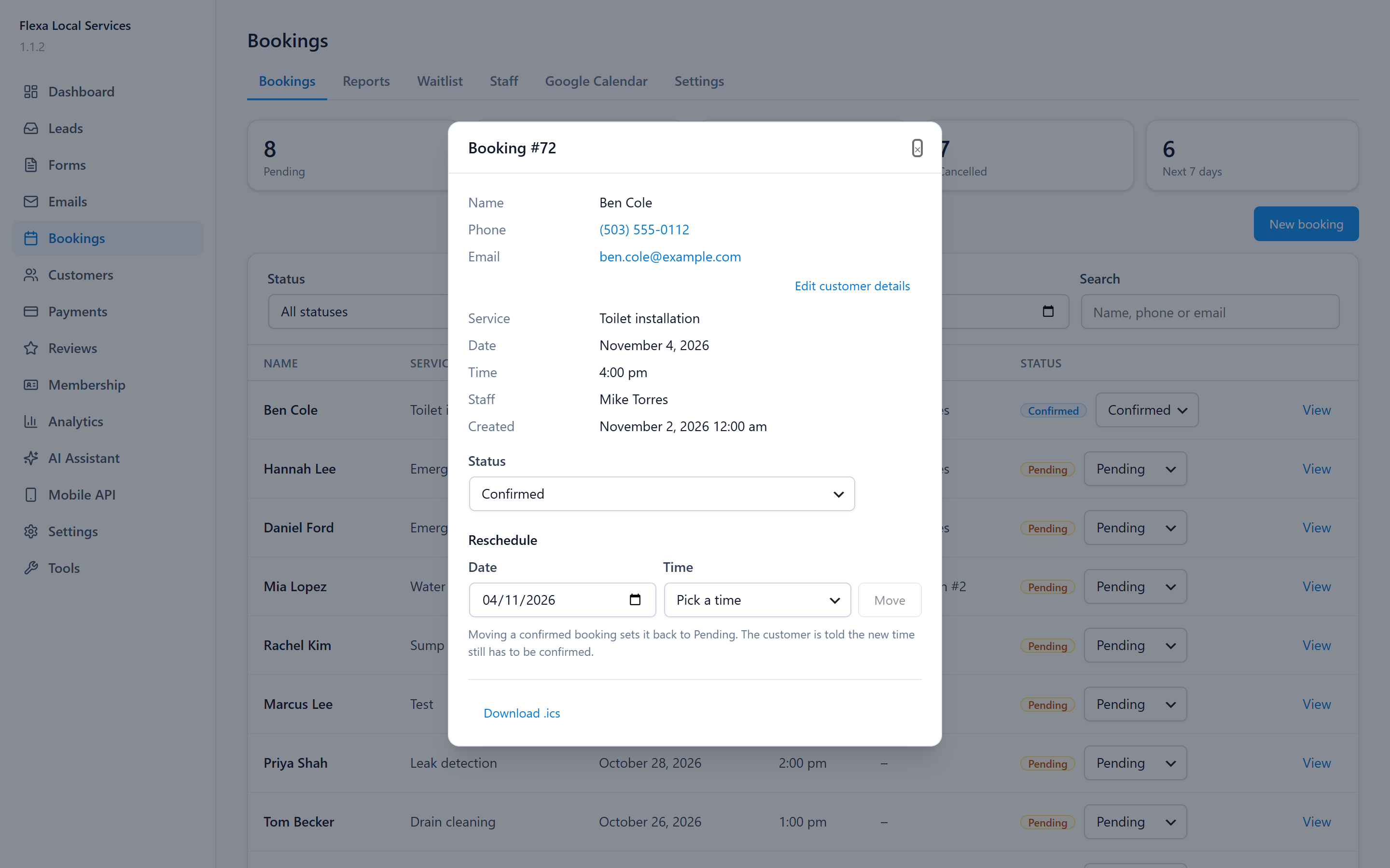 A booking's details: change its status, reschedule it or download the calendar file.