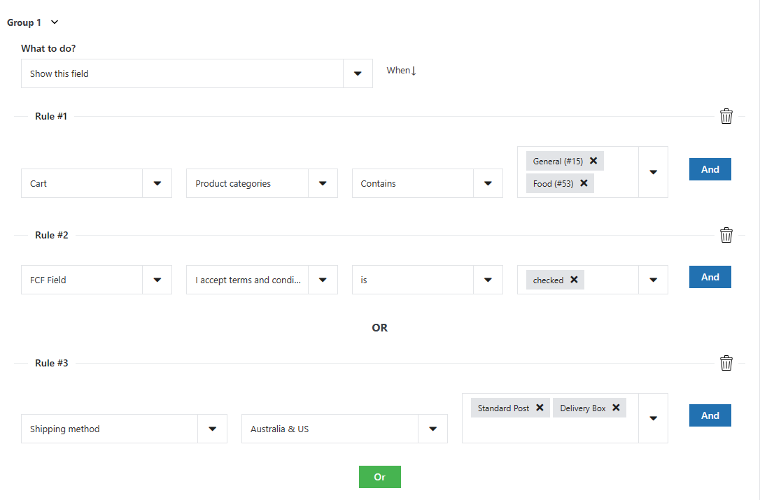 Enable conditional logic per checkout field based on products in the cart, fields, and shipping methods (PRO)