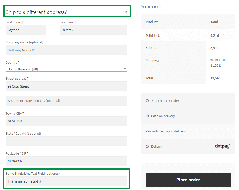 A custom field in the WooCommerce checkout (Shipping Address section)