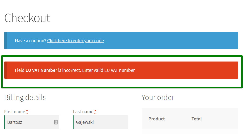 EU VAT validation on the WooCommerce checkout page