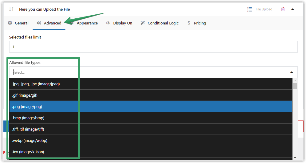 Allow checkout upload for specific file types (PRO)