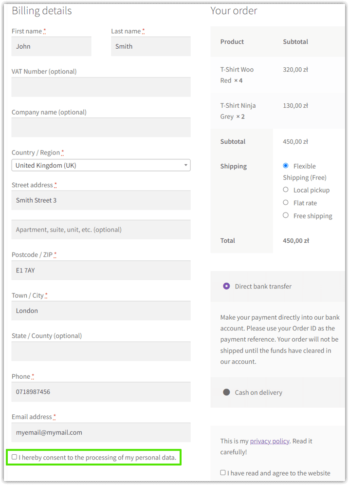 WooCommerce checkout privacy policy or newsletter checkbox