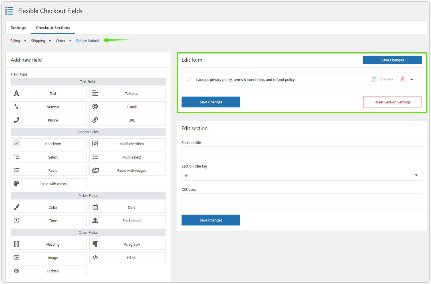 Custom terms and conditions checkbox for more checkout page sections (PRO)