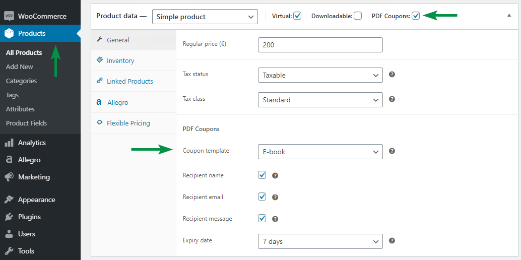 Edit a WooCommerce product and check the PDF coupon checkbox.