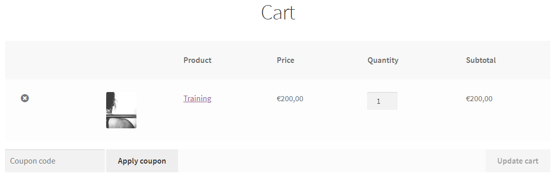 The gift card (PDF coupon) in the WooCommerce cart.