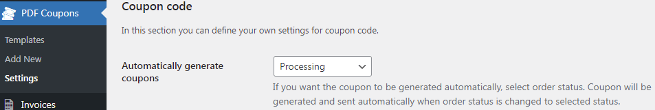 Choose the WooCommerce order status for generating your PDF gift cards automatically.