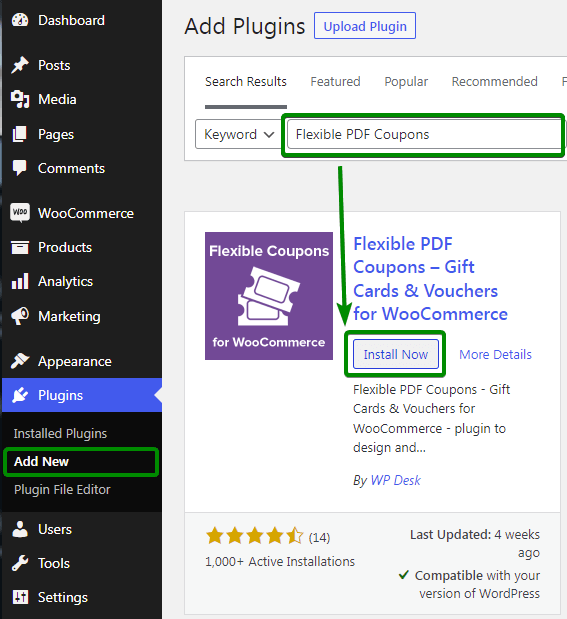 You may install Flexible PDF Coupons - Gift Cards &amp; Vouchers for WooCommerce in the Plugins menu.